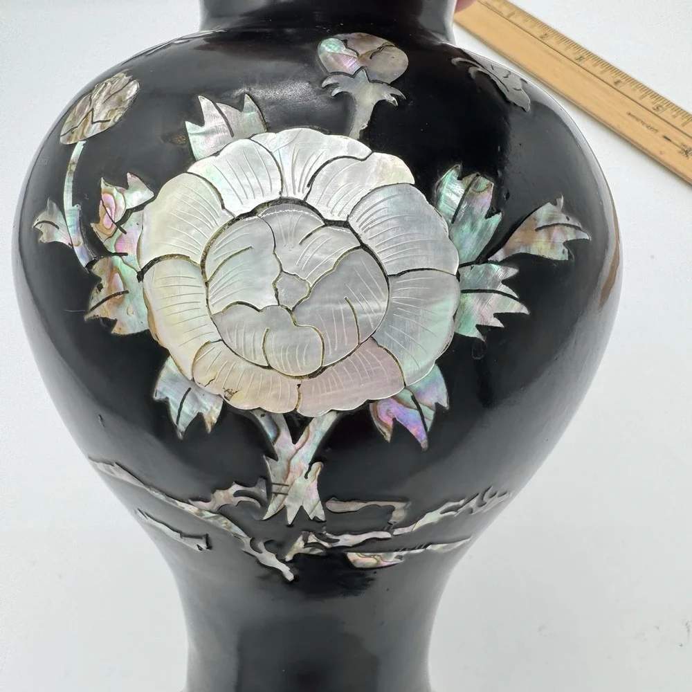 Vintage Korean Black‎ Lacquered Brass Vase Mother of Pearl Inlaid Floral